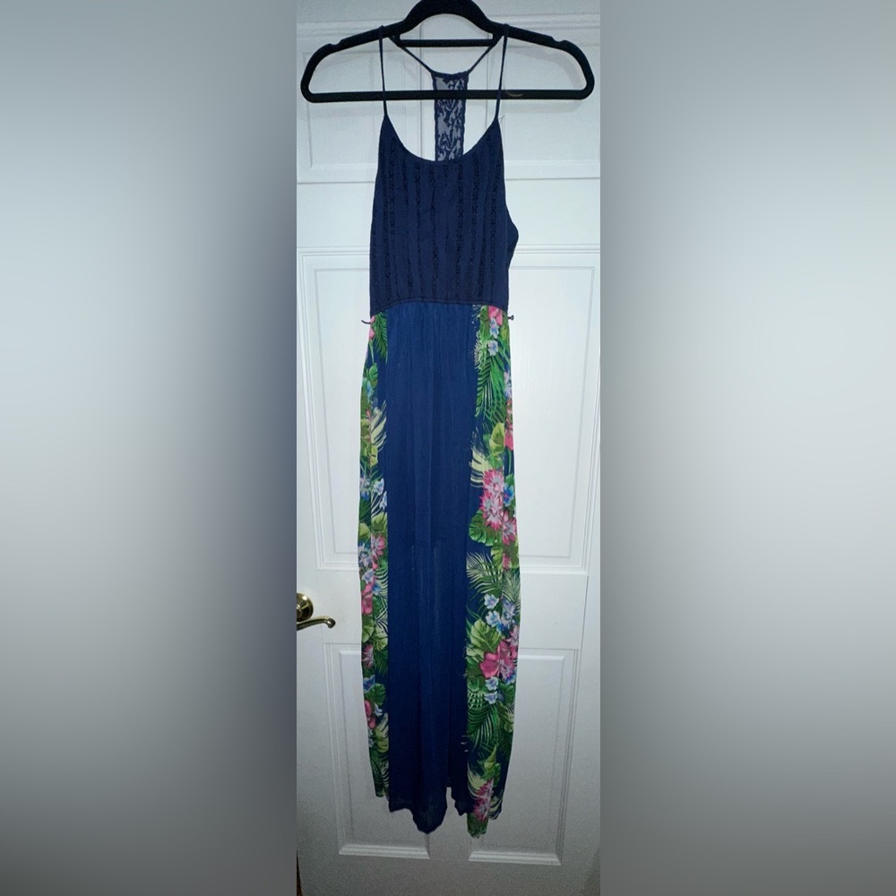 Candie's Blue Lace Tropical Patterned Maxi Dress